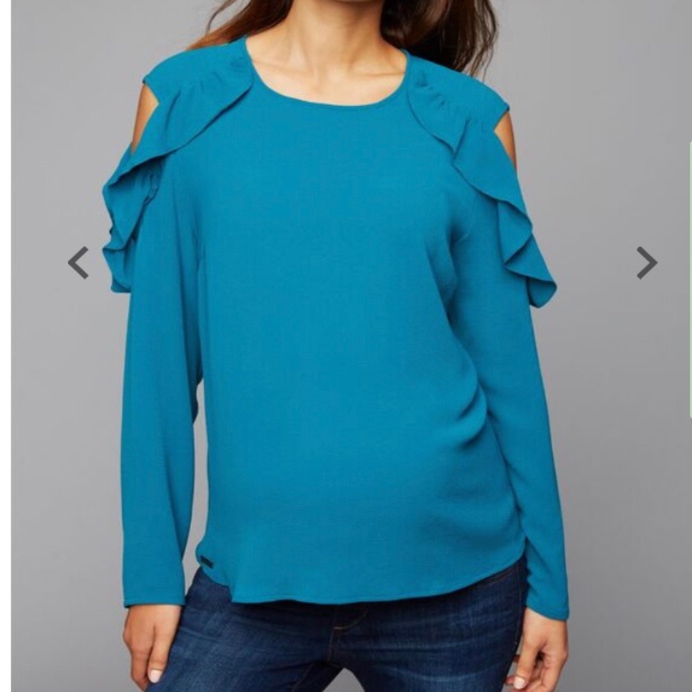 Ripe Maternity cold shoulder ruffles blouse teal